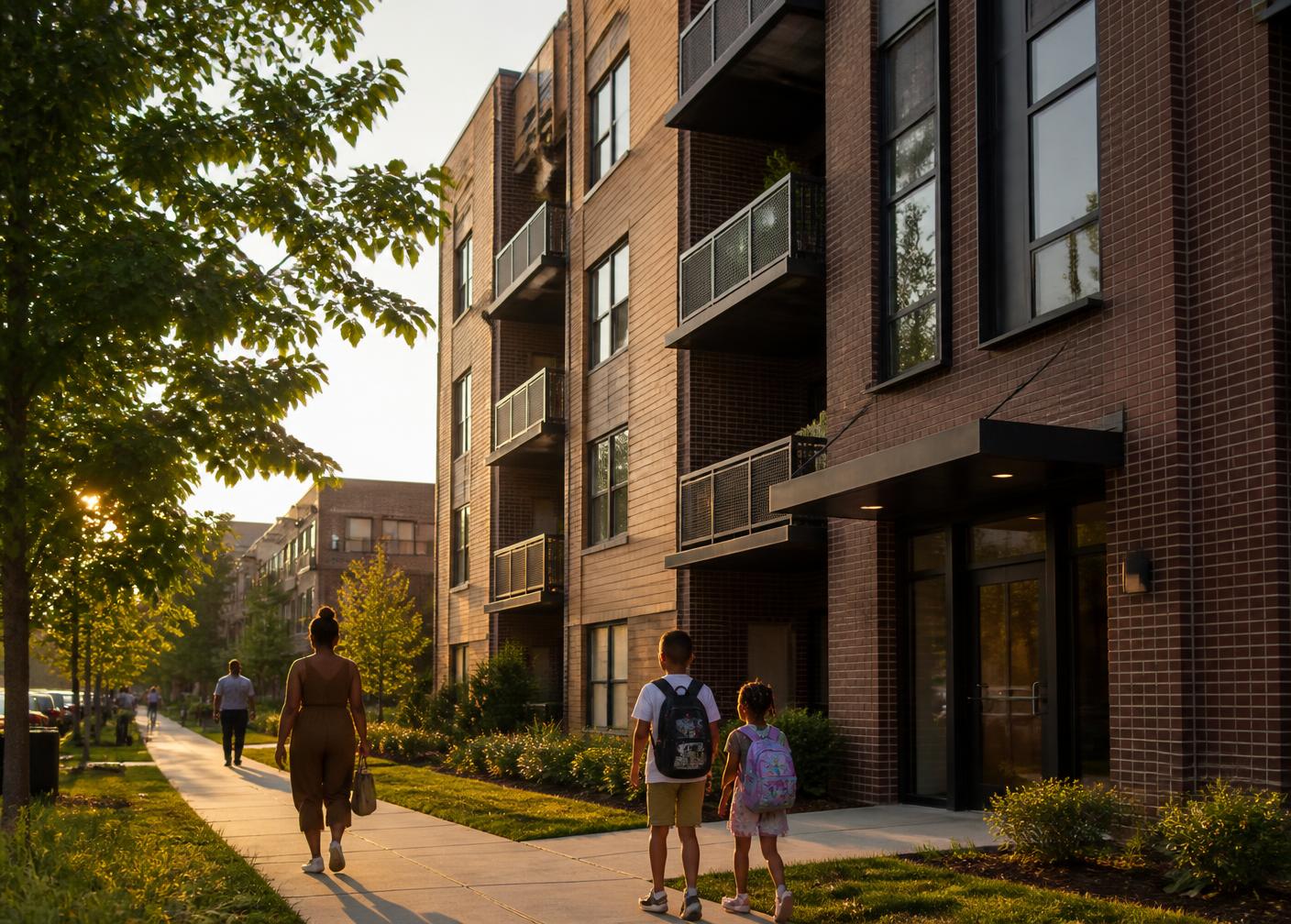 Residents walking outside a newly built affordable housing community